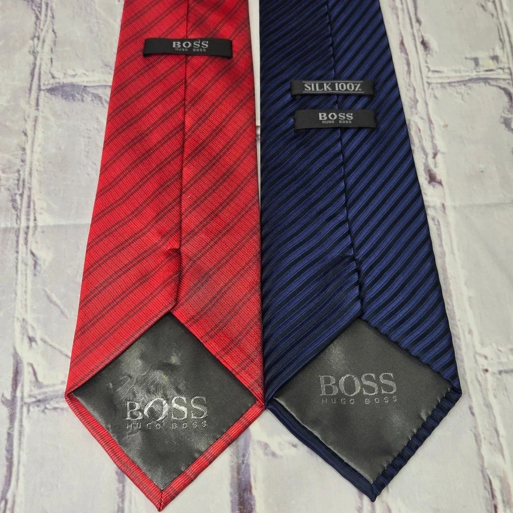 Lot of 2 Hugo Boss Neckties Red Navy Blue Striped Silk Business Formal Set Mens